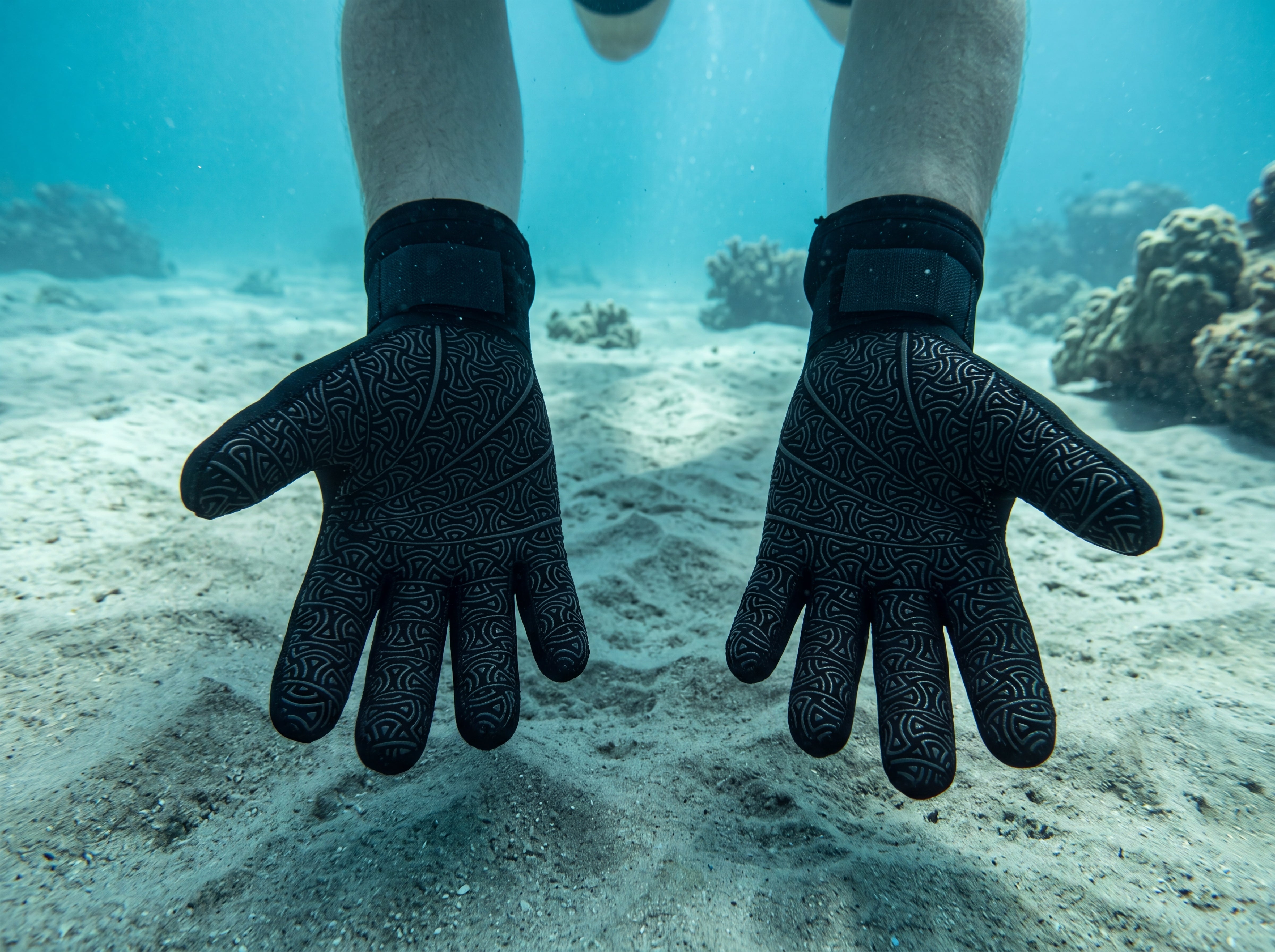 Palms-forward view of black Tilos 5mm Titanium neoprene dive gloves showing the full celtic-knot anti-slip grip texture