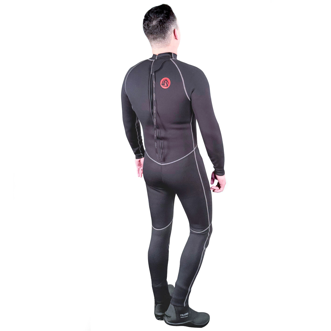 Tilos 3/2mm Jumpsuit in black — back view showing zipper