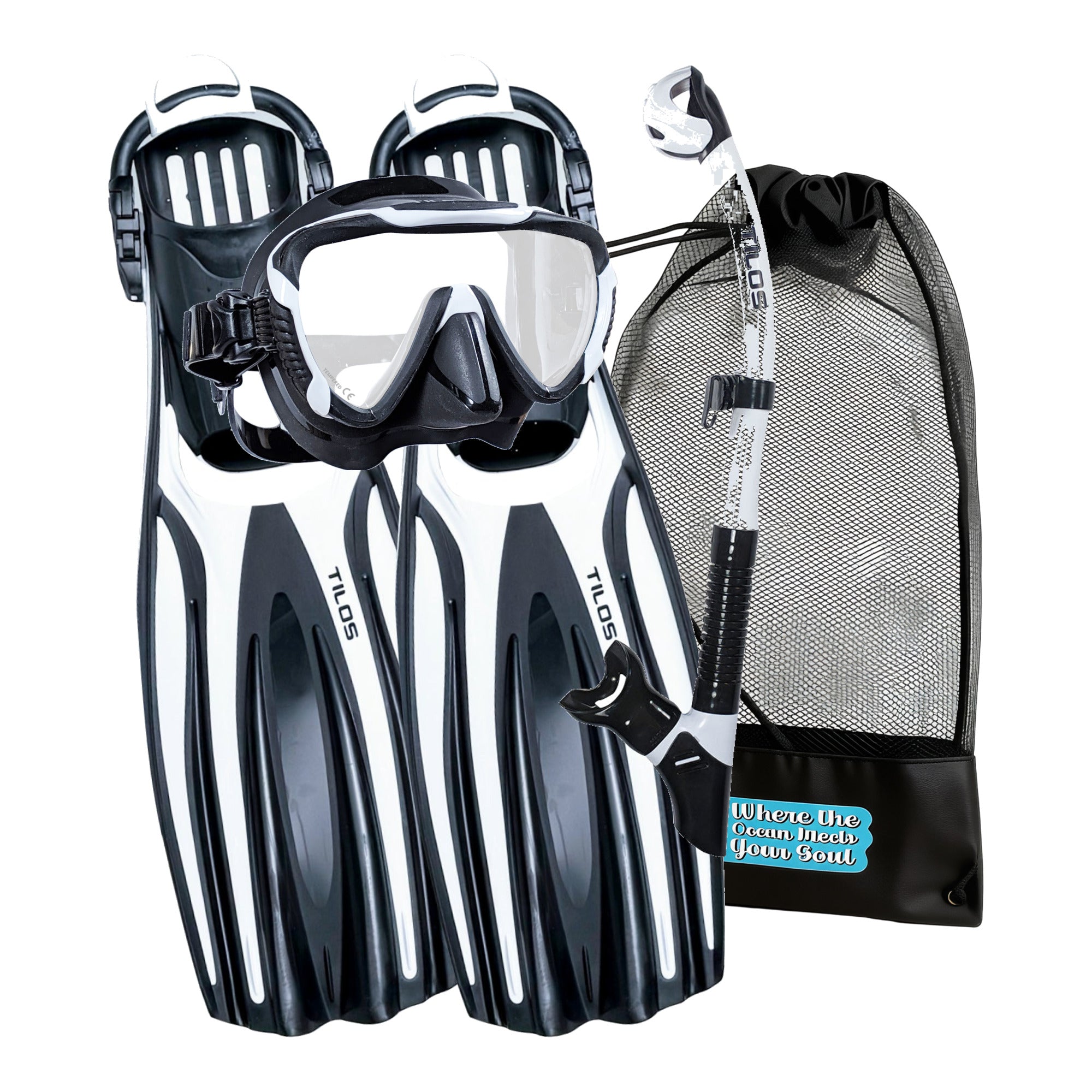 Tilos Morphi Mask, Orion Dry Snorkel and Forager Open-Heel Fins Set in Black/White — mask, snorkel, fins and mesh gear bag