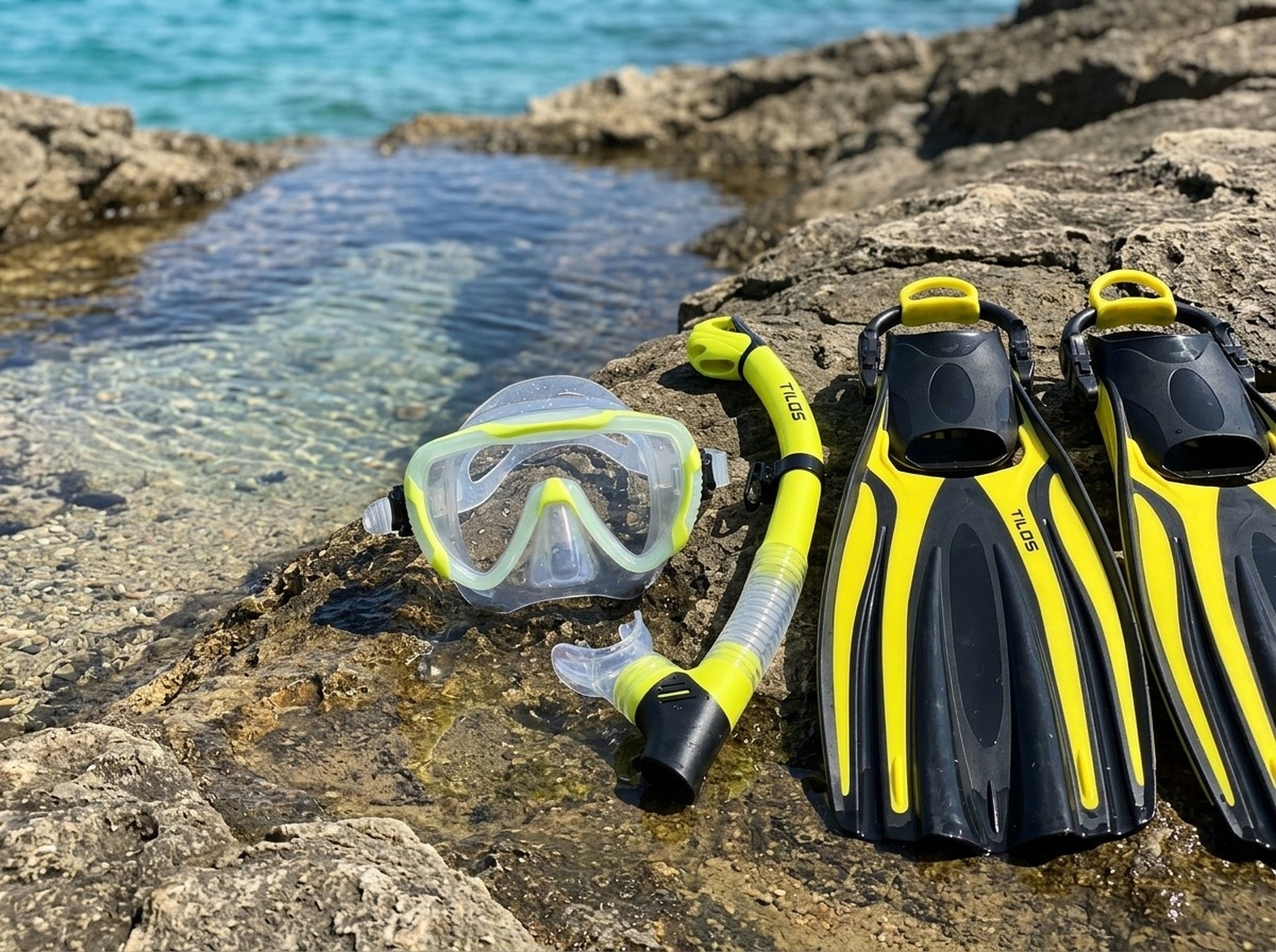 Snorkeler using the Tilos Morphi Mask, Orion Snorkel and Forager Fins Set in Yellow — rocks