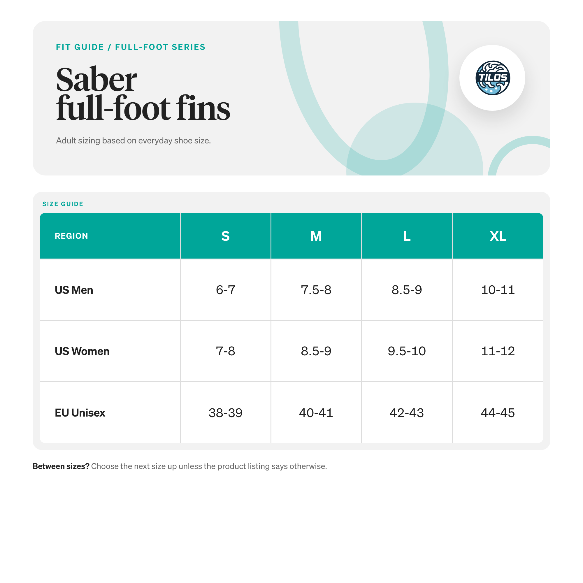 Tilos Saber Full Foot Fin size guide
