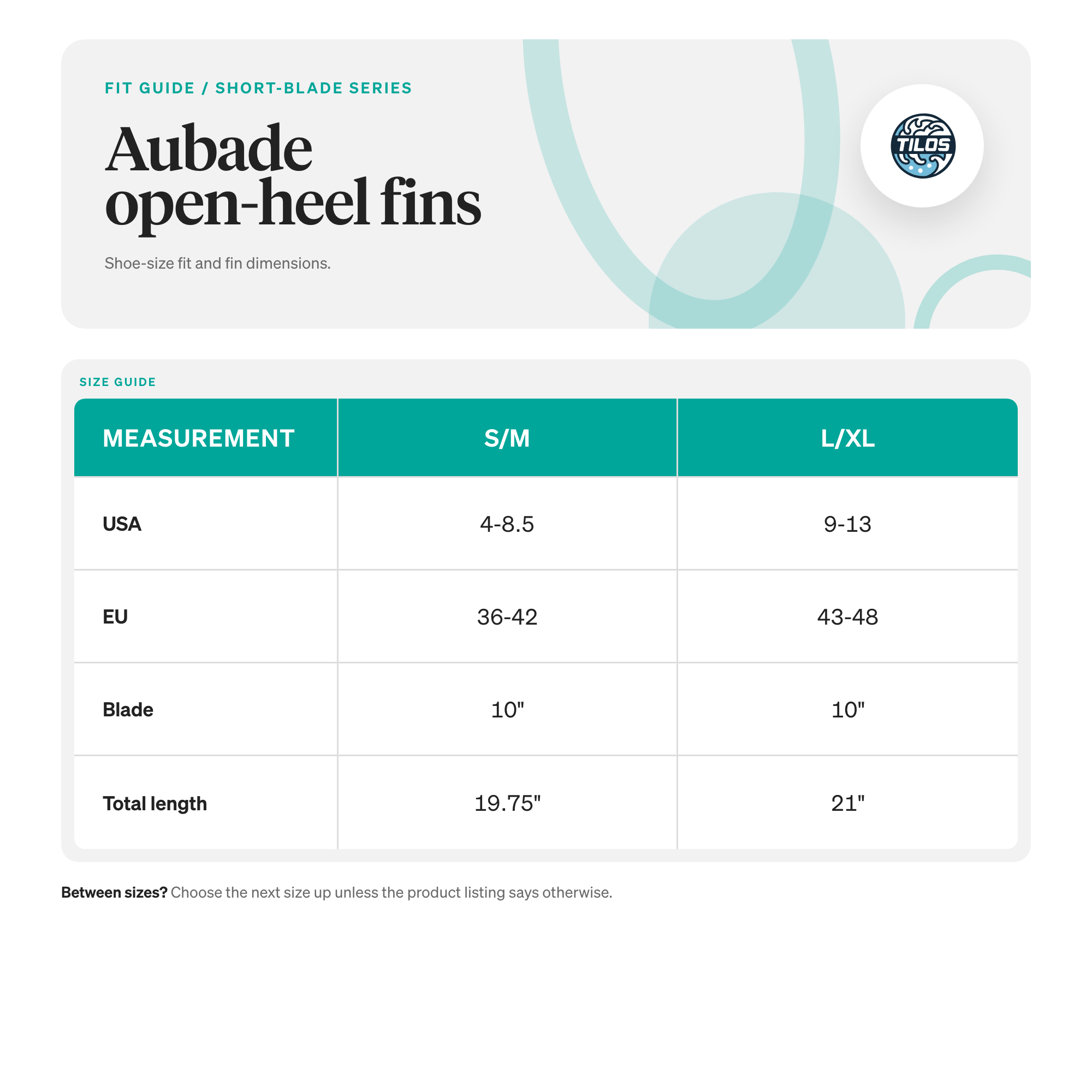 Tilos Aubade Open Heel Fin size guide