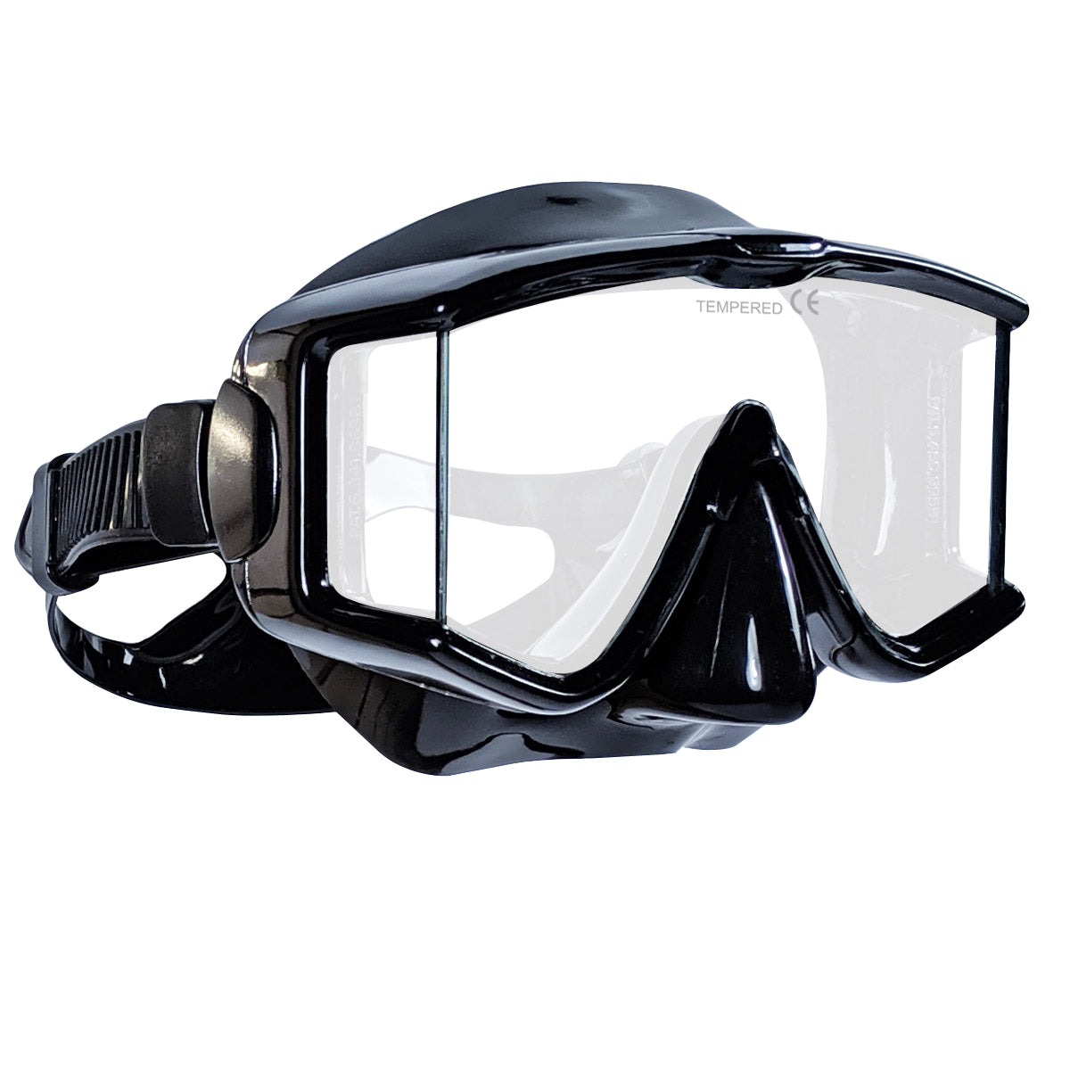 Tilos Single Lens Panoramic Mask in black — front view showing lens and silicone skirt