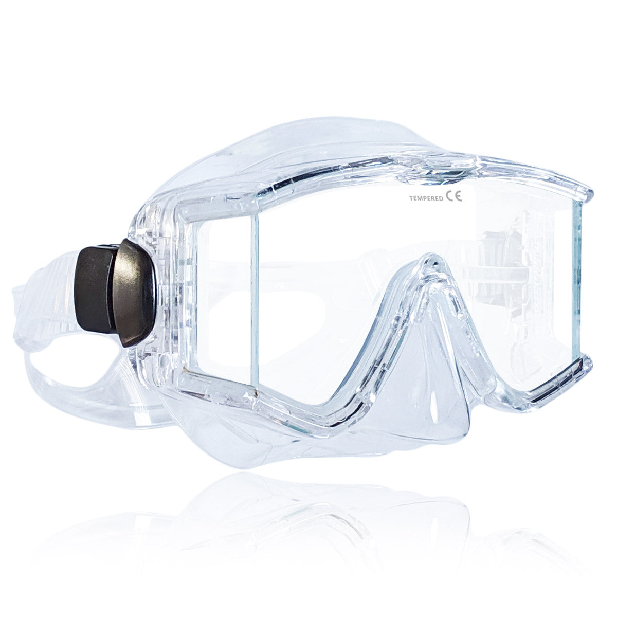 Tilos Single Lens Panoramic Mask in clear — front view showing lens and silicone skirt
