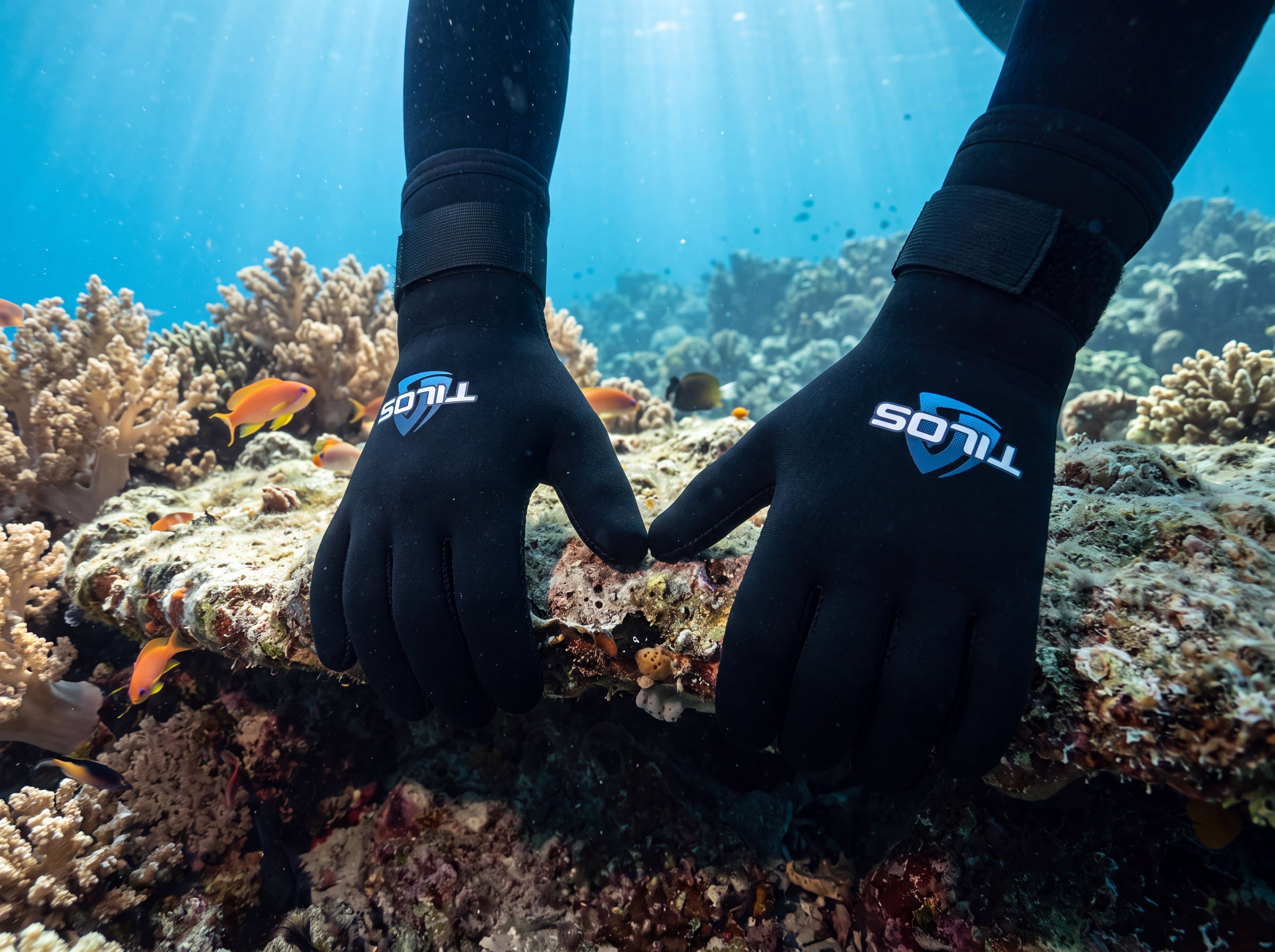 Scuba diver steadying on a reef in black Tilos 5mm Titanium neoprene dive gloves showing the TILOS logo and 5 Forte cuff