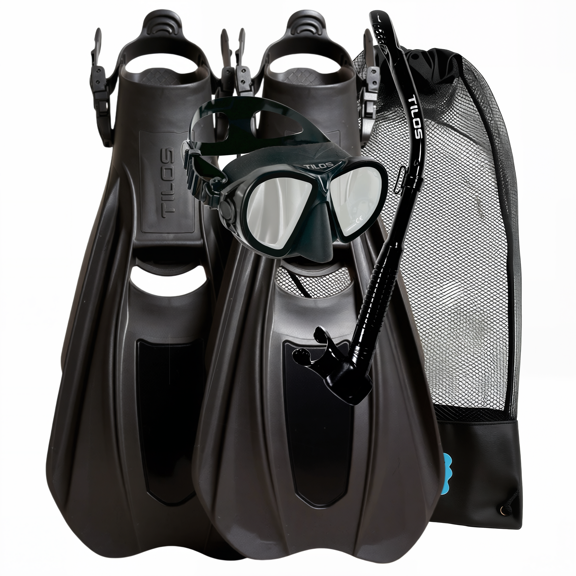 goggles and fins Tilos Aquastalk Mask, Hi-Flow II Semi-Dry Snorkel and Technix Fins Set