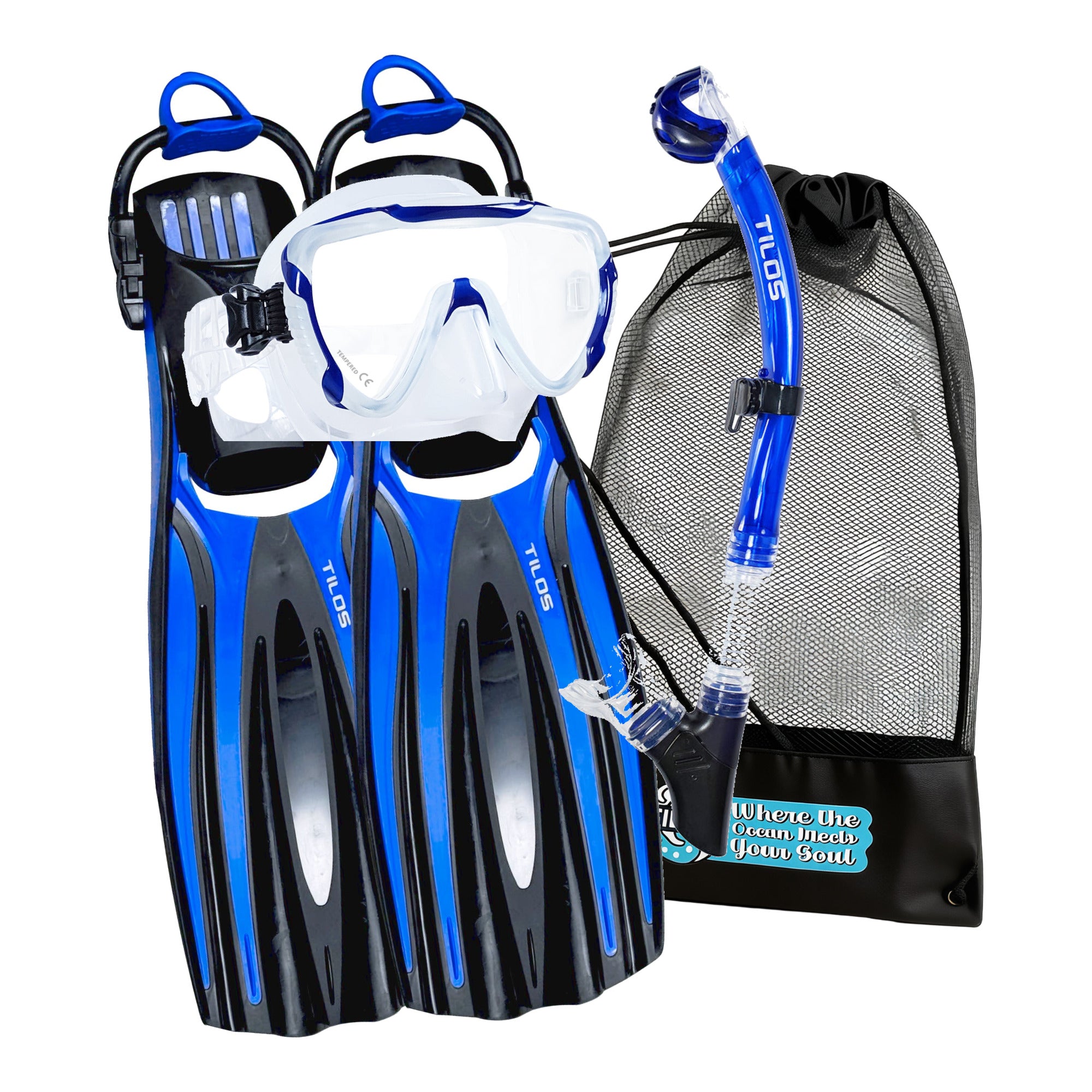 Tilos Morphi Mask, Orion Dry Snorkel and Forager Open-Heel Fins Set in Blue — mask, snorkel, fins and mesh gear bag