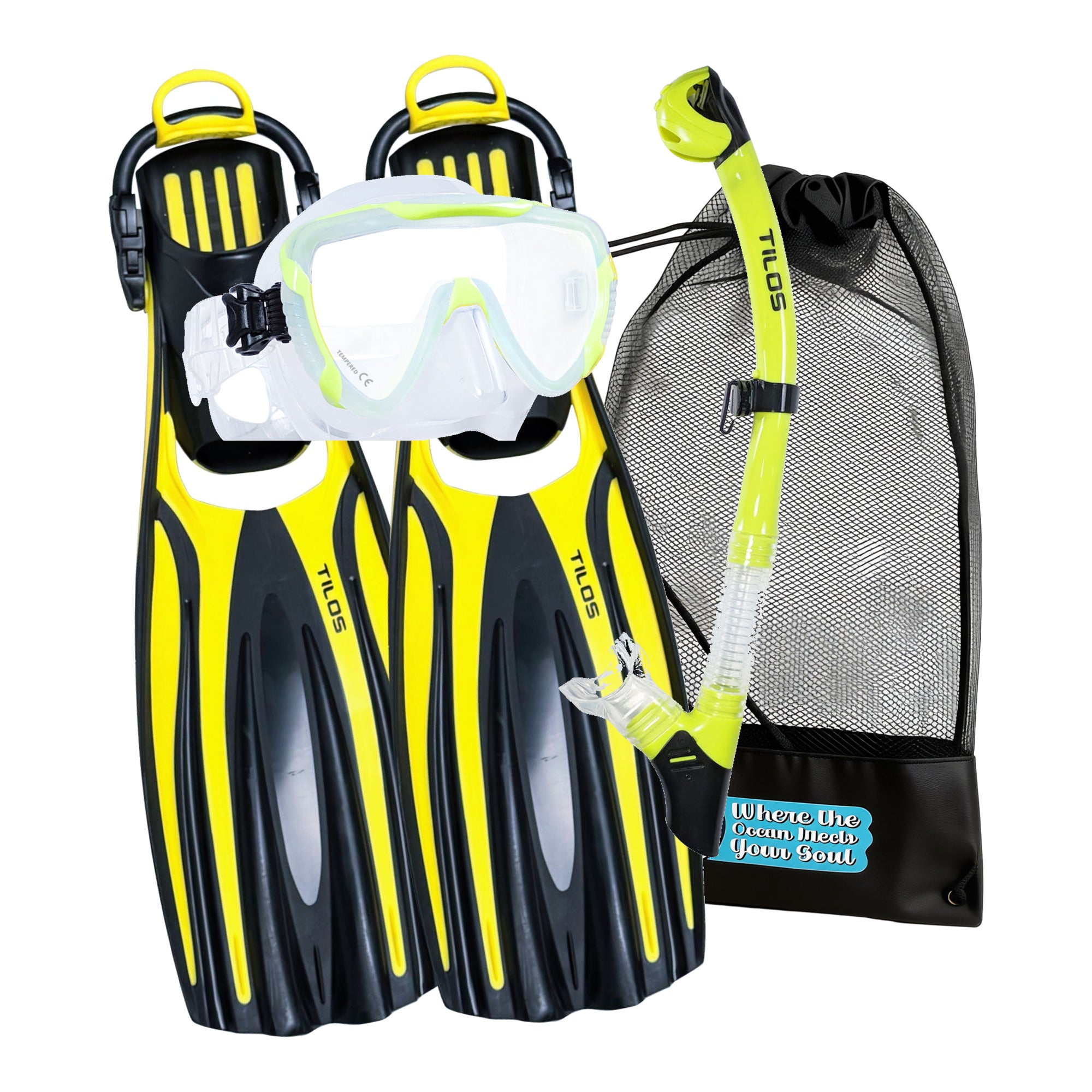 Tilos Morphi Mask, Orion Dry Snorkel and Forager Open-Heel Fins Set in Yellow — mask, snorkel, fins and mesh gear bag