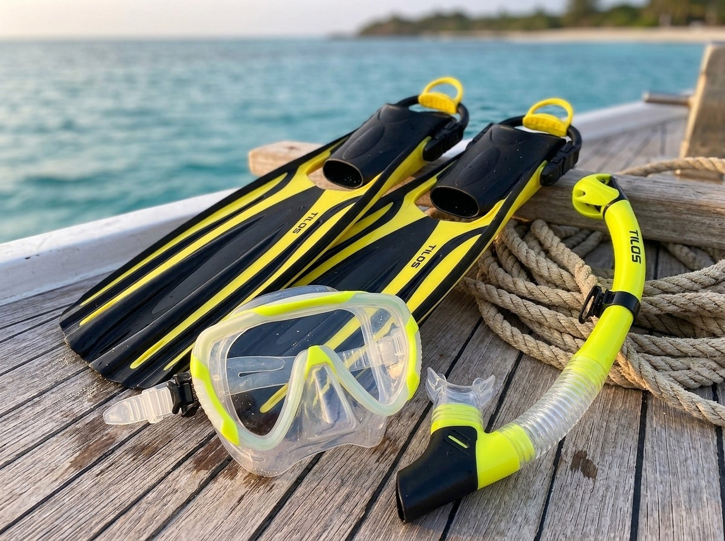 Snorkeler using the Tilos Morphi Mask, Orion Snorkel and Forager Fins Set in Yellow — deck