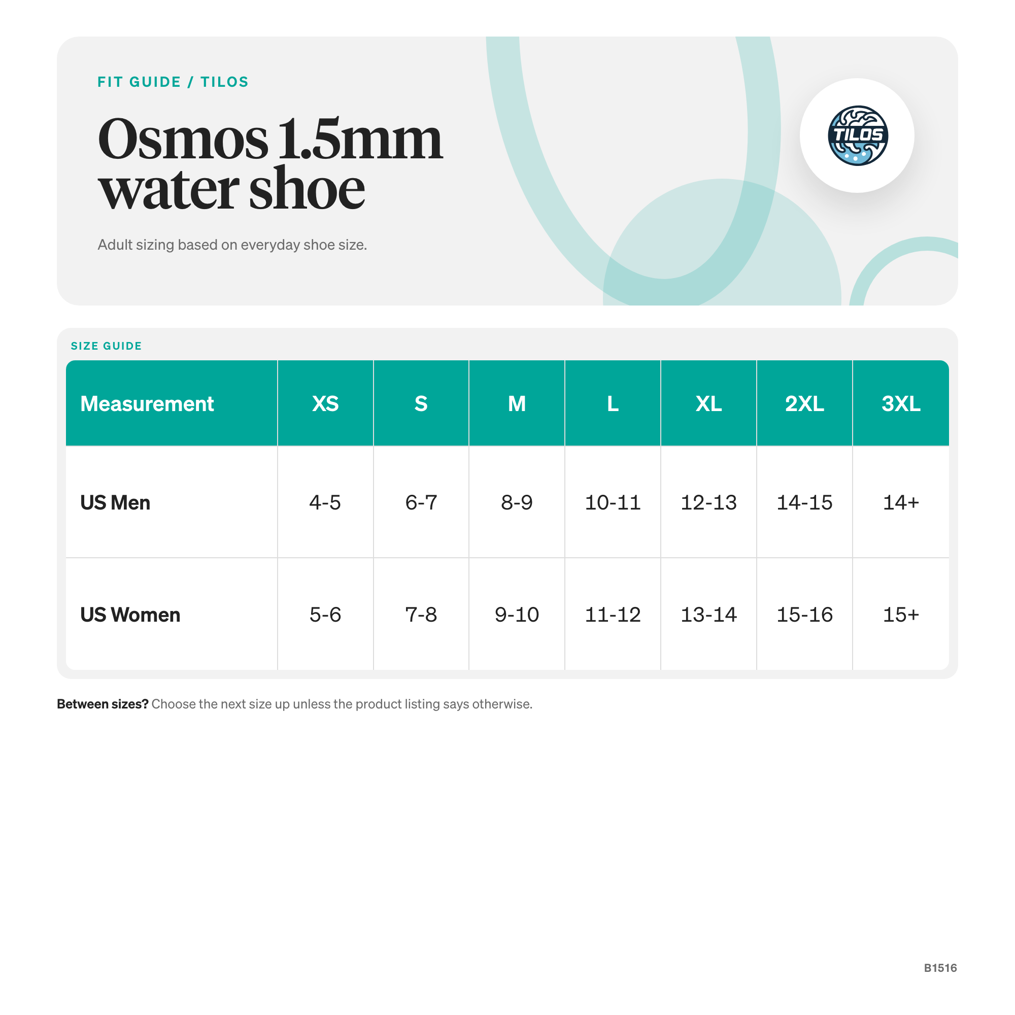 Tilos Osmos 1.5mm Non-Slip Water Sock, Barefoot Fit size guide