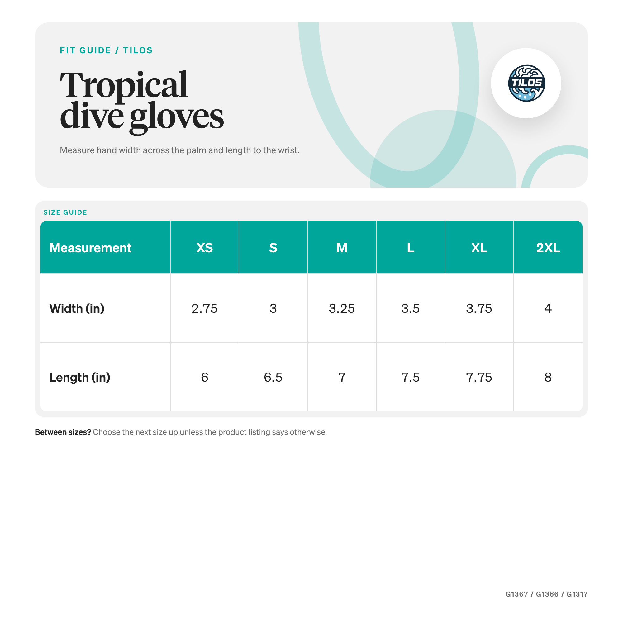Tilos 1.5mm Tropical-X Neoprene Glove size guide